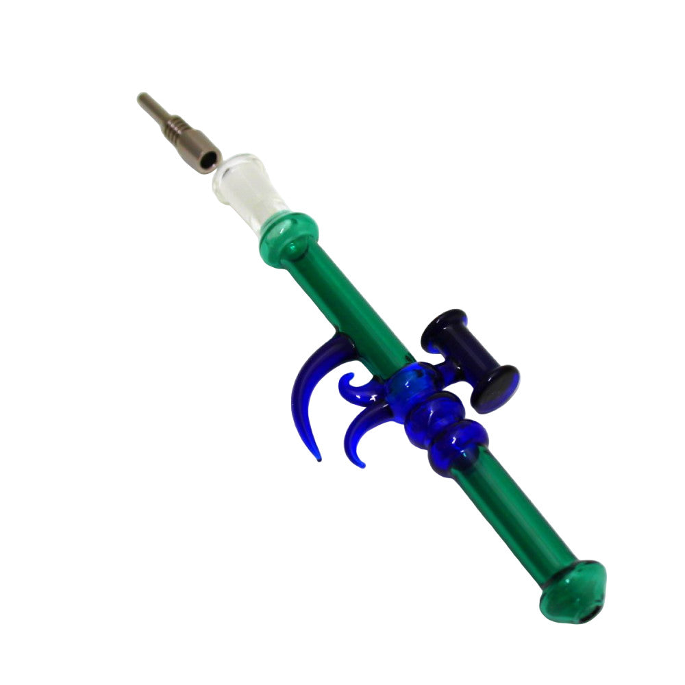 Gun Shape Glass Straw Kit with 10mm Titanium Nail featuring sturdy glass construction and compact portable dabbing accessory design