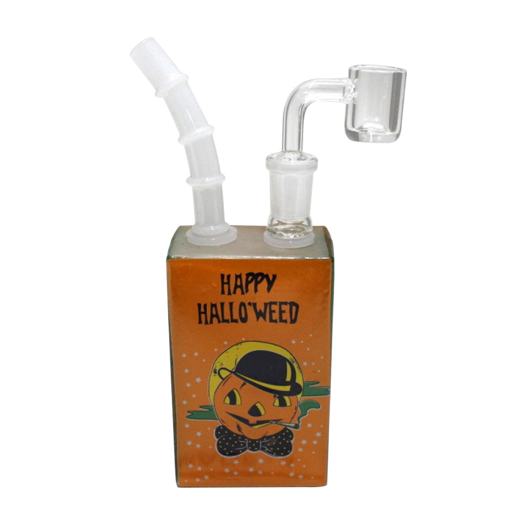 Decal Halloween design dab rig water pipe with 14mm male banger glass bong featuring spooky themed artwork durable glass construction and smooth water filtration for clean vapor hits