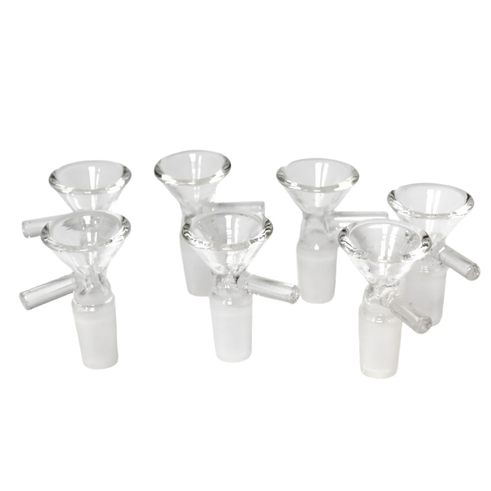 Handled cone shape 14MM male clear glass bowl made from heat resistant glass for smooth airflow and safe handling.