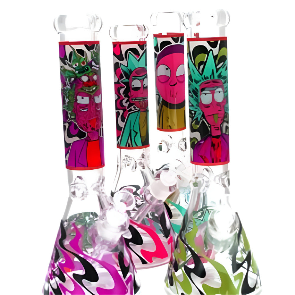 Heavy beaker water pipe featuring glow-in-the-dark decal artwork, thick glass construction, durable beaker base, and glass-on-glass connection.