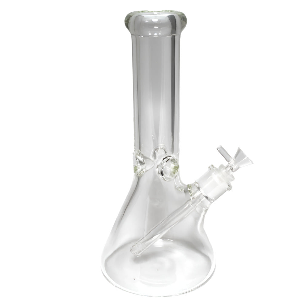 Heavy clear beaker water pipe with glass-on-glass construction and durable stable beaker base design.