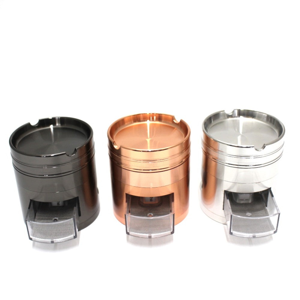 Assorted color 63mm heavy-duty metal grinder with 4 layers, ashtray-style lid, and smooth grinding teeth.