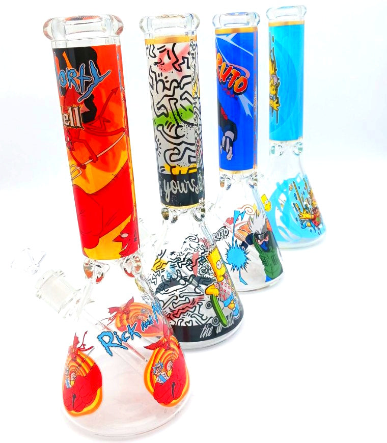 Heavy glass beaker decal water pipe straight rig design with thick durable build, stable base, and smooth filtration for clean smoking performance.