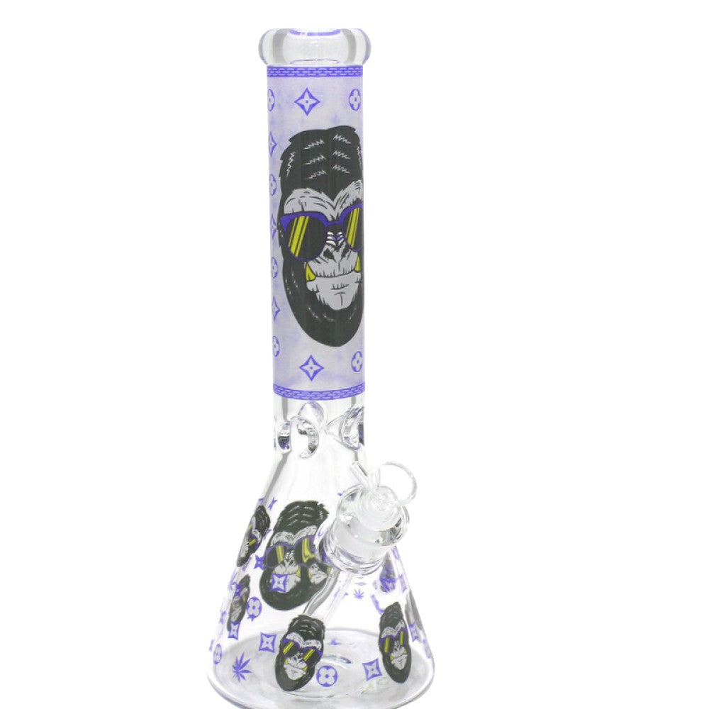 Heavy Glow Beaker Art Water Pipe with glow-in-the-dark decal design, thick glass body, and glass-on-glass connection for smooth and clean filtration.