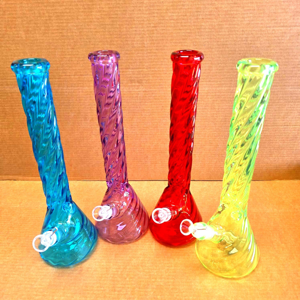 Heavy twisted beaker bong glass water pipe side angle showing durable construction and smooth percolator chamber design.