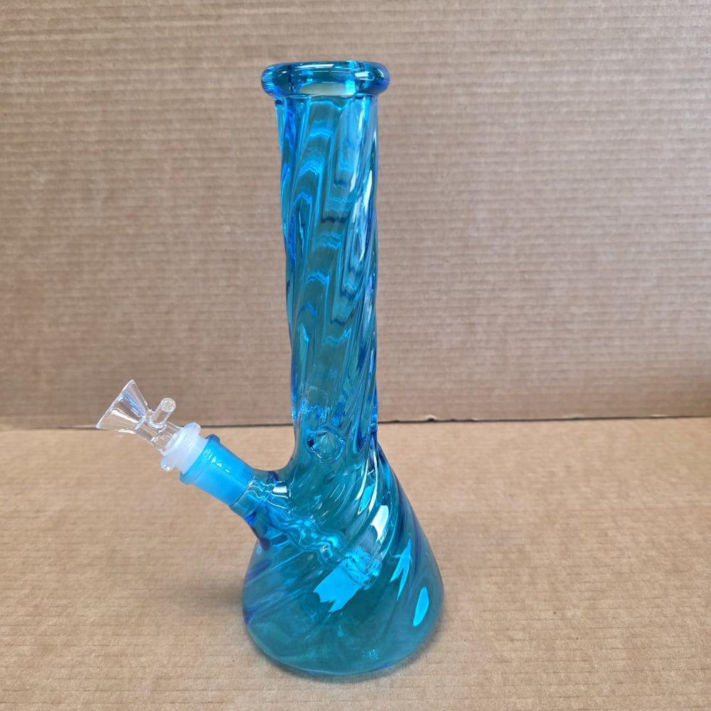 Heavy twisted beaker bong glass water pipe side view with ice catcher and durable thick base design for cooling smoke.