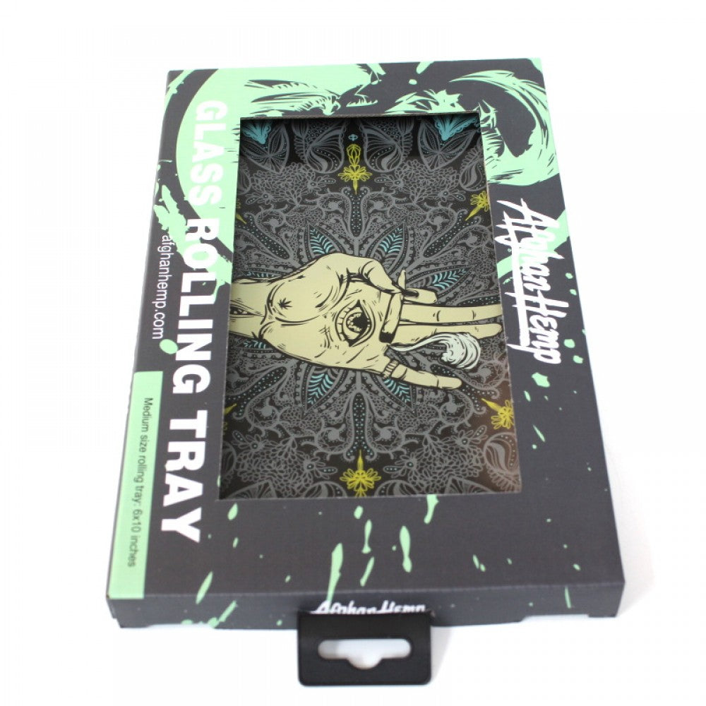 Hemp design glass rolling tray 6 x 10 medium size with durable clear tempered glass, smooth edges, and stylish printed artwork finish.
