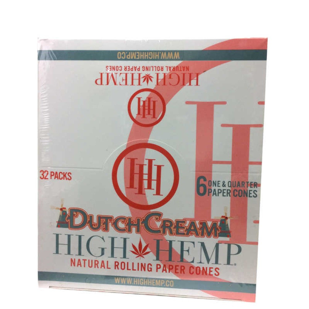 High Hemp 1 1/4 rolling paper cones, pre-rolled hemp cones made from natural hemp paper for a smooth, slow, and even-burning smoking experience.