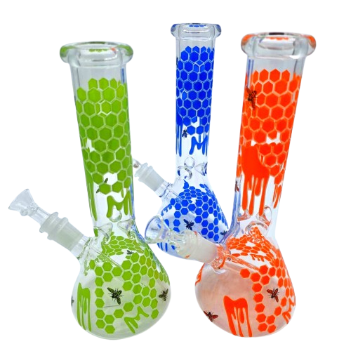 Honey comb art design water pipe made from durable glass, featuring unique honeycomb-inspired pattern and smooth filtration system