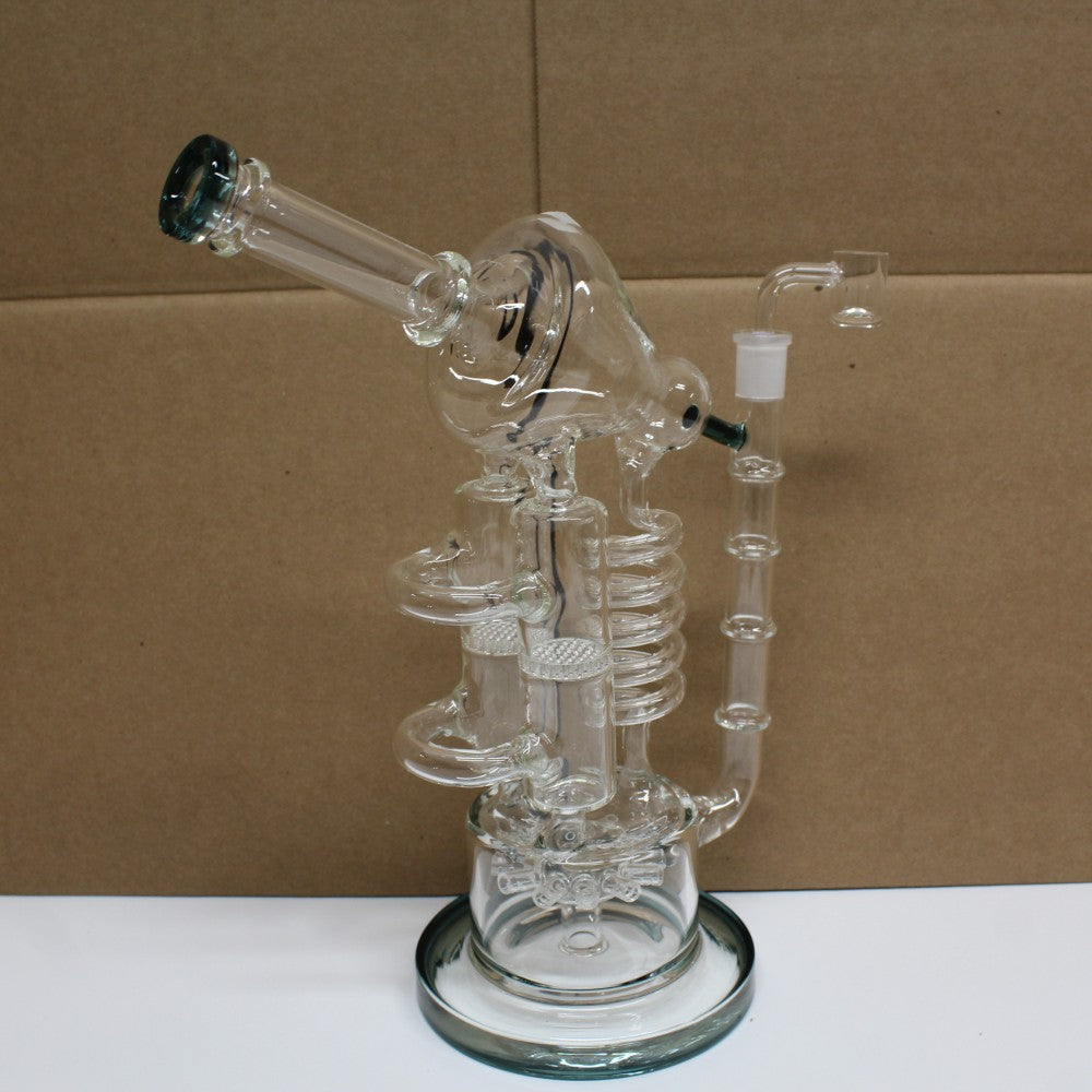 Glass water pipe with honeycomb percolator, coil chamber, and side arm design for enhanced filtration, cooler smoke, and smooth airflow.