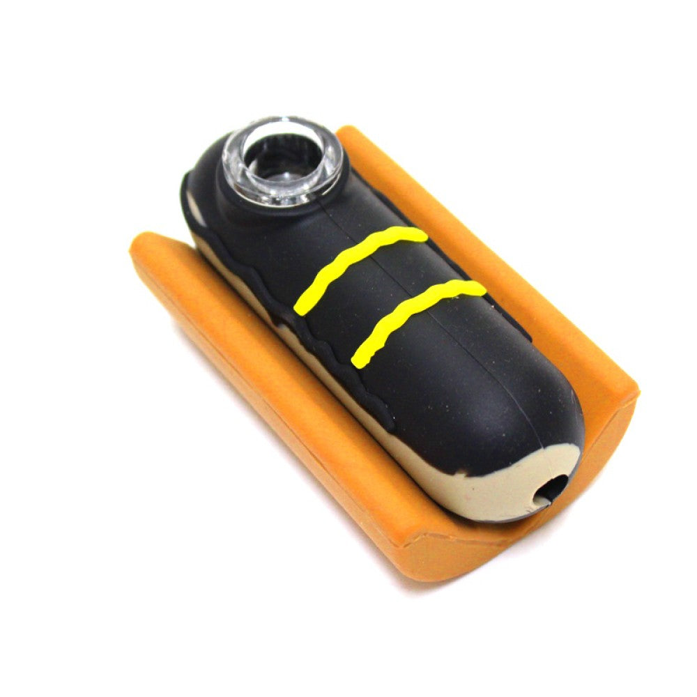 Hot dog design silicone hand pipe with stand, durable heat-resistant shockproof material with creative shape and compact portable smoking accessory.