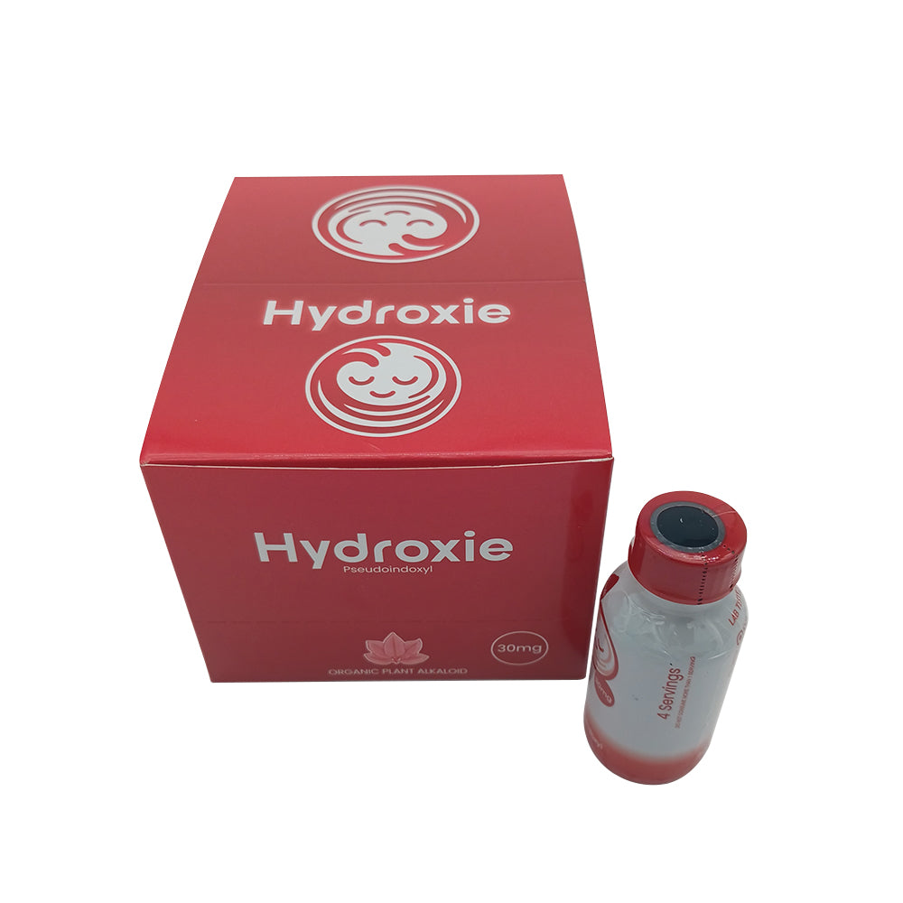 Product packaging for Hydroxie Pseudo 30mg Shot, featuring a red box with a white logo and a clear bottle beside it, labeled with the product name and dosage information.