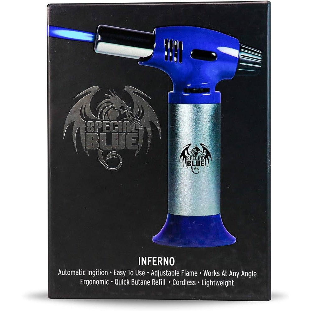 Special Blue INFERNO Butane Refill Torch Lighter featuring a powerful windproof jet flame, refillable butane system, and durable ergonomic design.