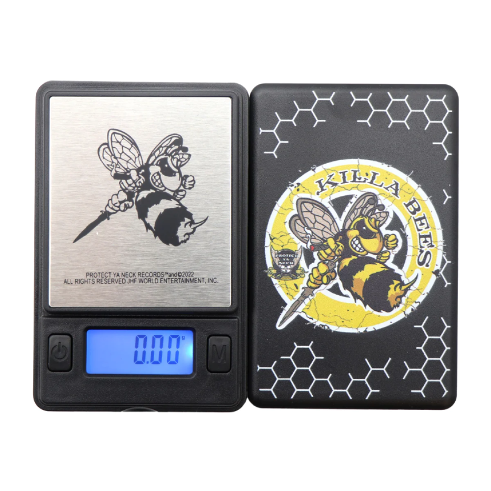 Infyniti Protect Ya Neck digital pocket scale with 50g capacity, 0.01g precision, and protective cover for accurate portable weighing.