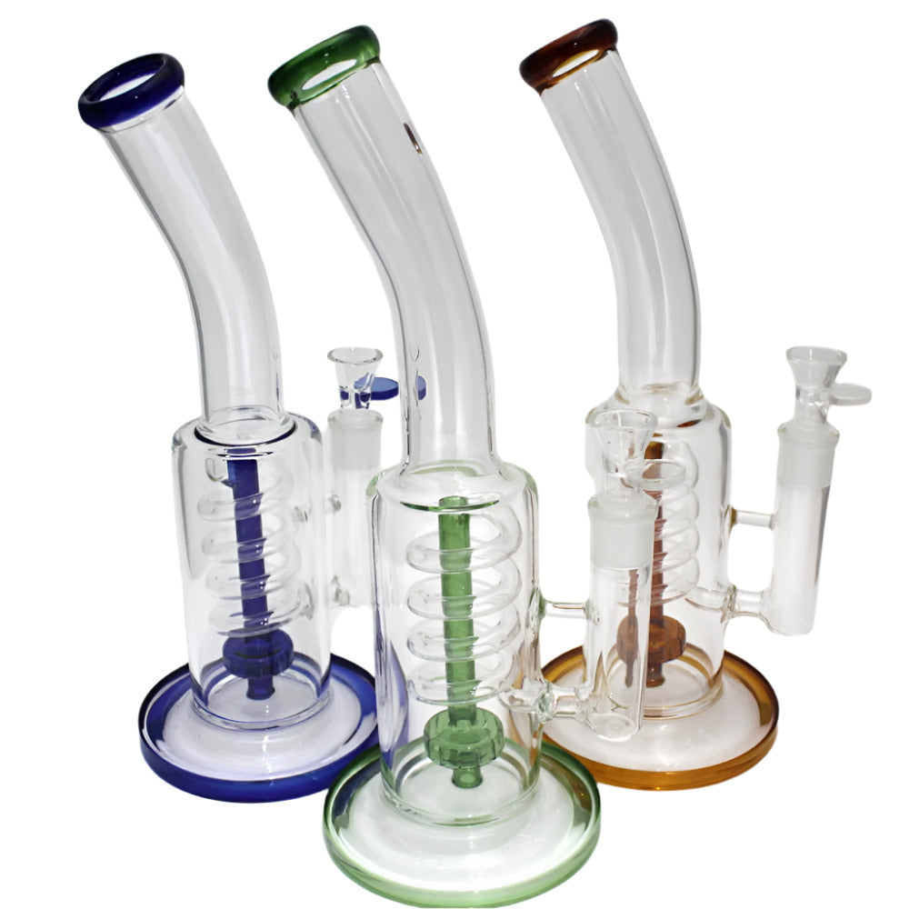 Inner coil percolator water pipe with durable glass construction, enhanced filtration system, and 18mm male bowl for smooth airflow.