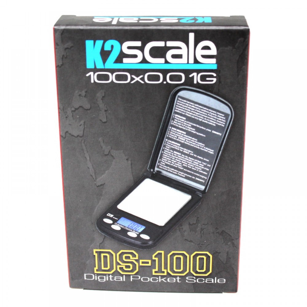 K2 DS-100 Digital Pocket Scale with 100g capacity and 0.01g accuracy, compact design, LCD display, and precise multi-unit weighing function.