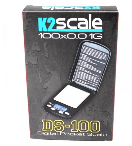 Full view of K2 Scale DS 100 digital pocket scale with open protective lid