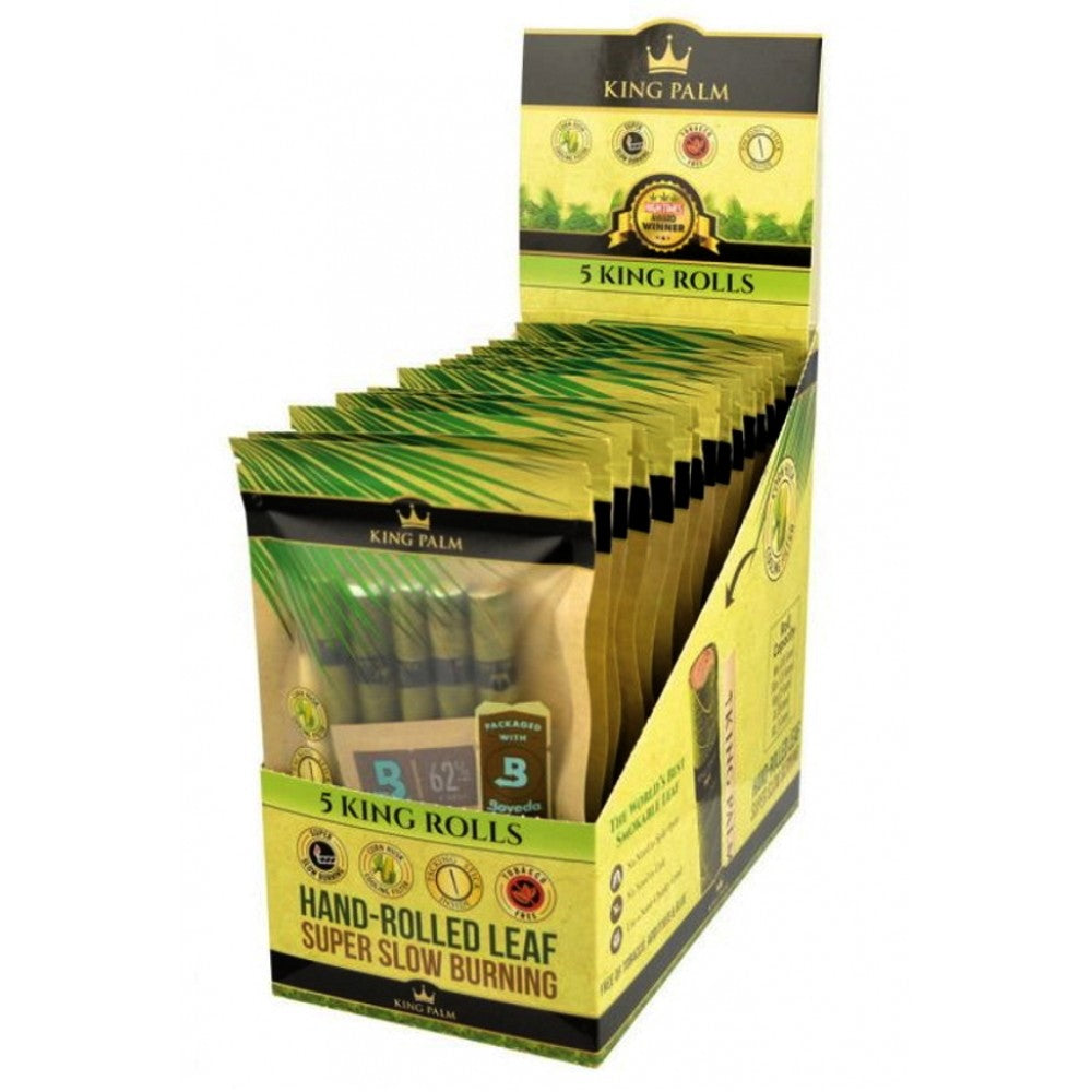 King Palm 5 king rolls, 15 pouches per display box, natural palm leaf pre-rolled cones, slow-burning tobacco-free smoking rolls for smooth use.