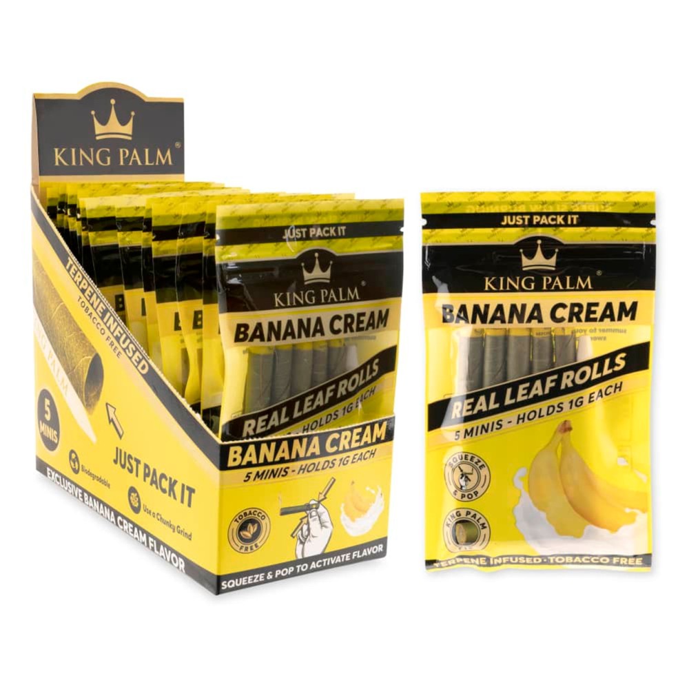 King Palm 5 mini roll Banana Cream, 15 packs per display, natural palm leaf pre-rolled cones with banana cream flavor, slow-burning smooth design.