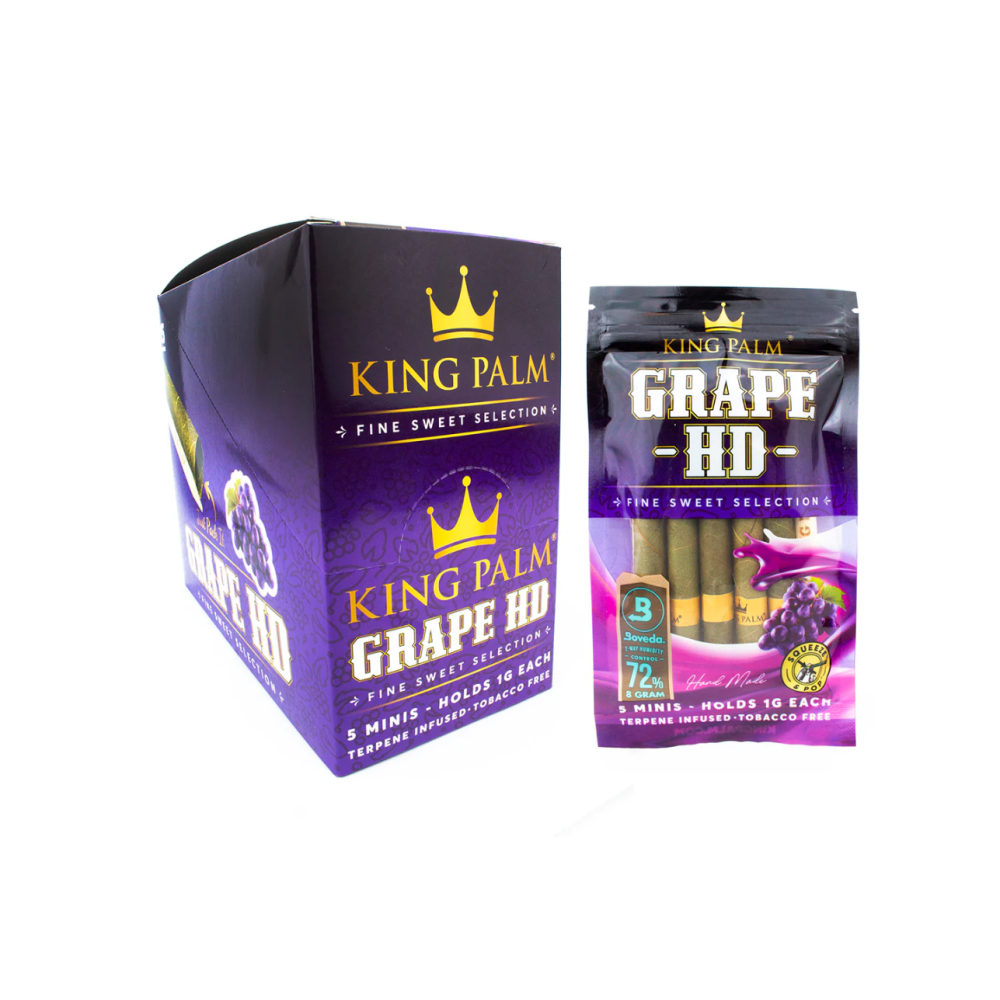 King Palm 5 mini roll Grape HD, 15 packs per display, natural palm leaf pre-rolled cones with grape flavor, slow-burning smooth smoking design.
