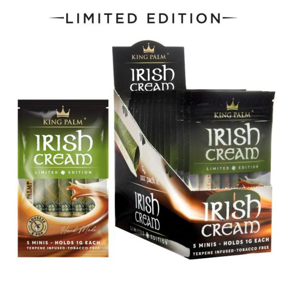 King Palm 5 mini roll Irish Cream Limited Edition, 15 packs per display, natural palm leaf pre-rolled cones with Irish cream flavor, slow-burning design.