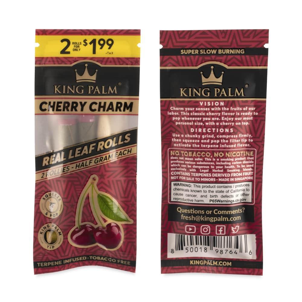King Palm Rollies Cherry Charm, 2 rolls pack, natural palm leaf wraps infused with cherry flavor for a smooth, slow-burning and aromatic smoking experience.