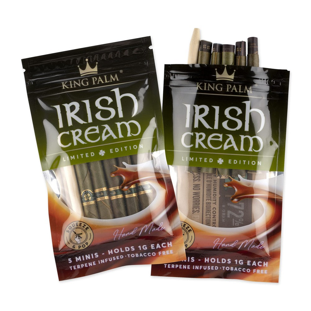 King Palm Irish Cream limited edition 5 mini roll pack, 15 count box, natural leaf wraps infused with Irish cream flavor for a smooth, slow-burning smoking experience.