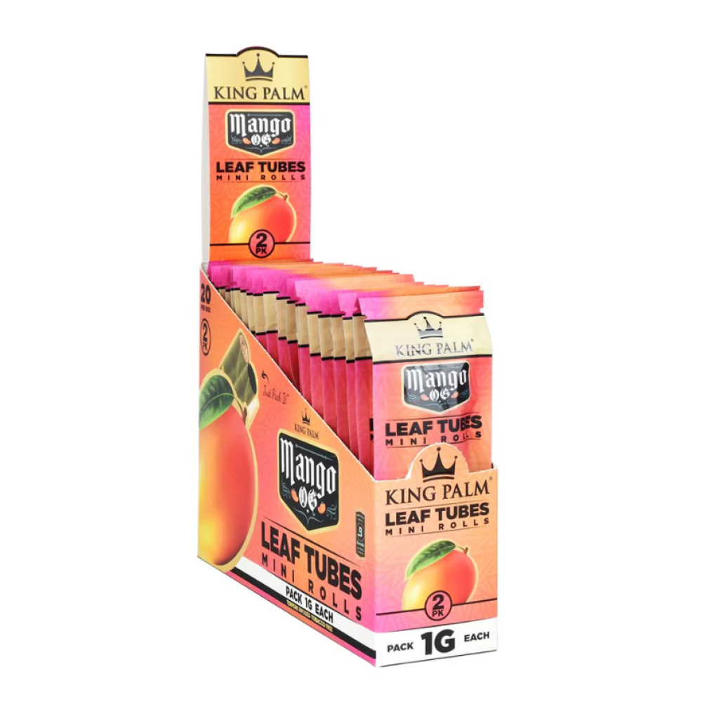 King Palm Mango OG mini rolls, 2 rolls per pack, 20 packs per box, natural palm leaf pre-rolled cones with mango flavor, slow-burning easy-use design.