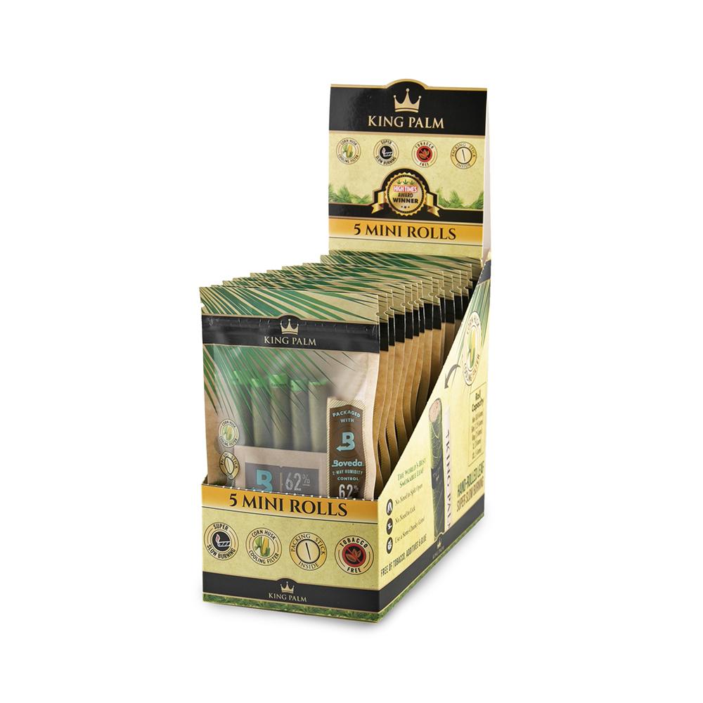 King Palm Mini 5 super slow burning rolls, 15 pouches per display box, natural palm leaf pre-rolled cones, tobacco-free smooth smoking experience.