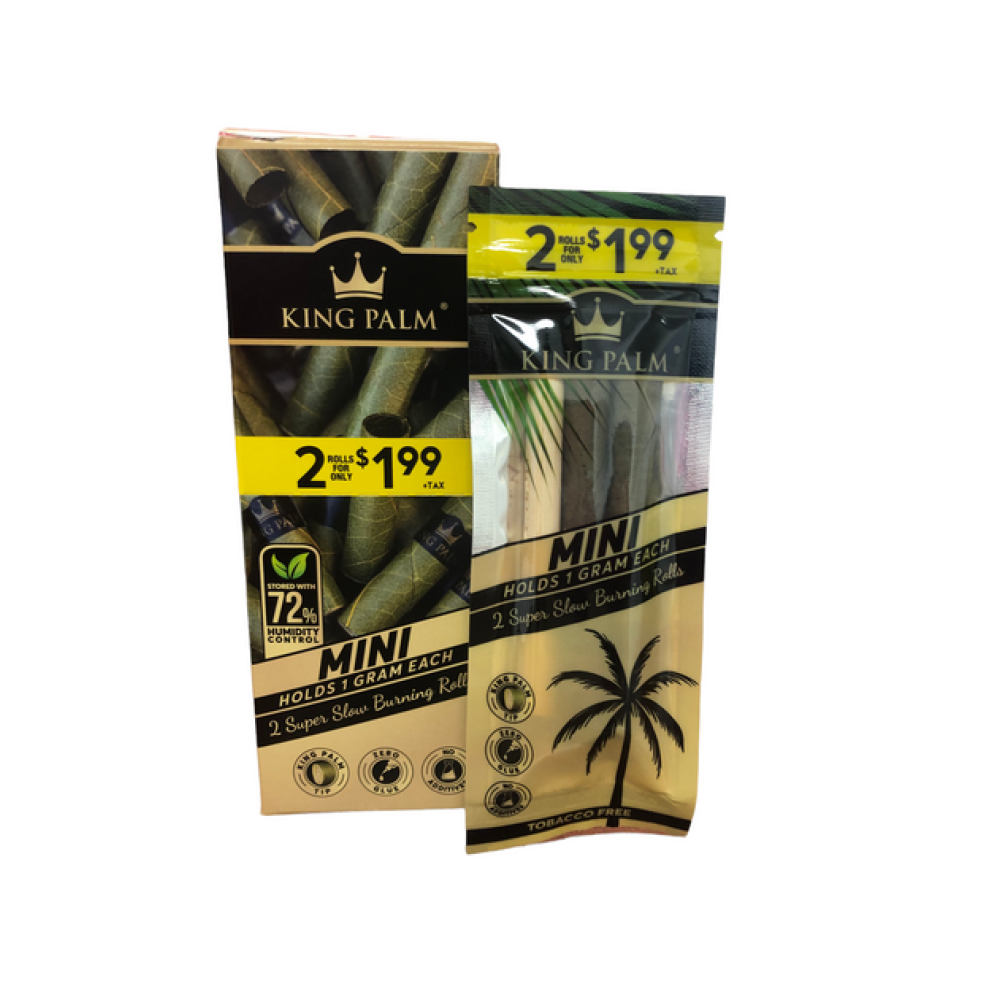 King Palm Mini Size 2PK 20ct display, natural palm leaf pre-rolled cones, slow-burning tobacco-free mini cones for smooth and easy portable use.