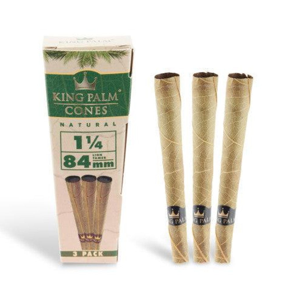 King Palm Natural pre-rolled palm cones 3 pack, 15 count display box, 1 ¼ size 84mm natural leaf cones designed for smooth, slow-burning smoking experience.