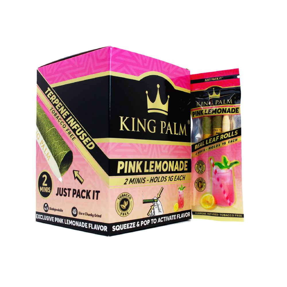King Palm Pink Lemonade mini rolls 20ct squeeze & pop display, natural palm leaf pre-rolled cones with fruity flavor, slow-burning easy-use design.