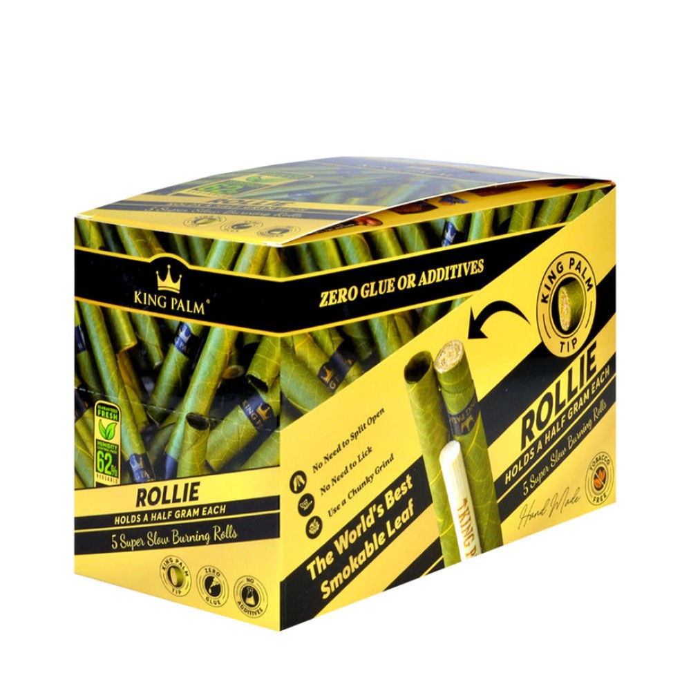 King Palm Rollies 5 pack with Boveda humidity pack, natural palm leaf wraps designed to maintain freshness and deliver a smooth, slow-burning smoking experience.