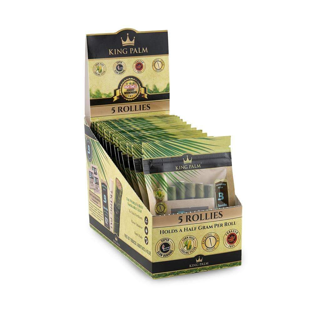 King Palm Rollies 5 pack with Boveda pack, natural palm leaf pre-rolled cones with humidity control pack for freshness, slow-burning smooth smoking experience.