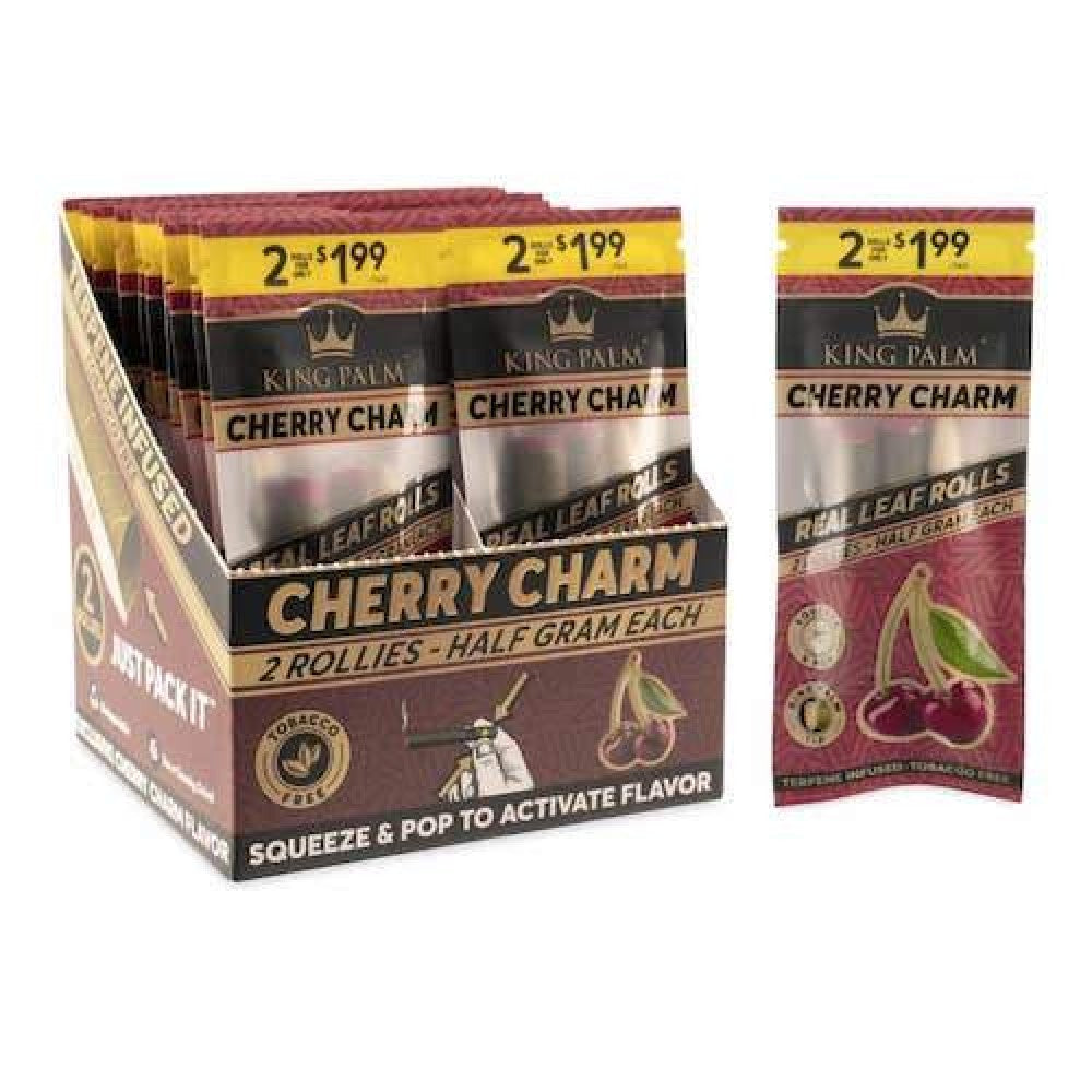 King Palm Rollies Cherry Charm 2 rolls, natural palm leaf pre-rolled cones with cherry flavor, slow-burning tobacco-free rolls for smooth and easy use.