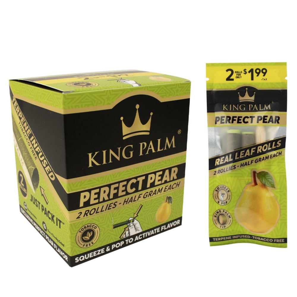 King Palm Rollies Perfect Pear 2 rolls, natural palm leaf pre-rolled cones with pear flavor, slow-burning tobacco-free smoking rolls for smooth use.