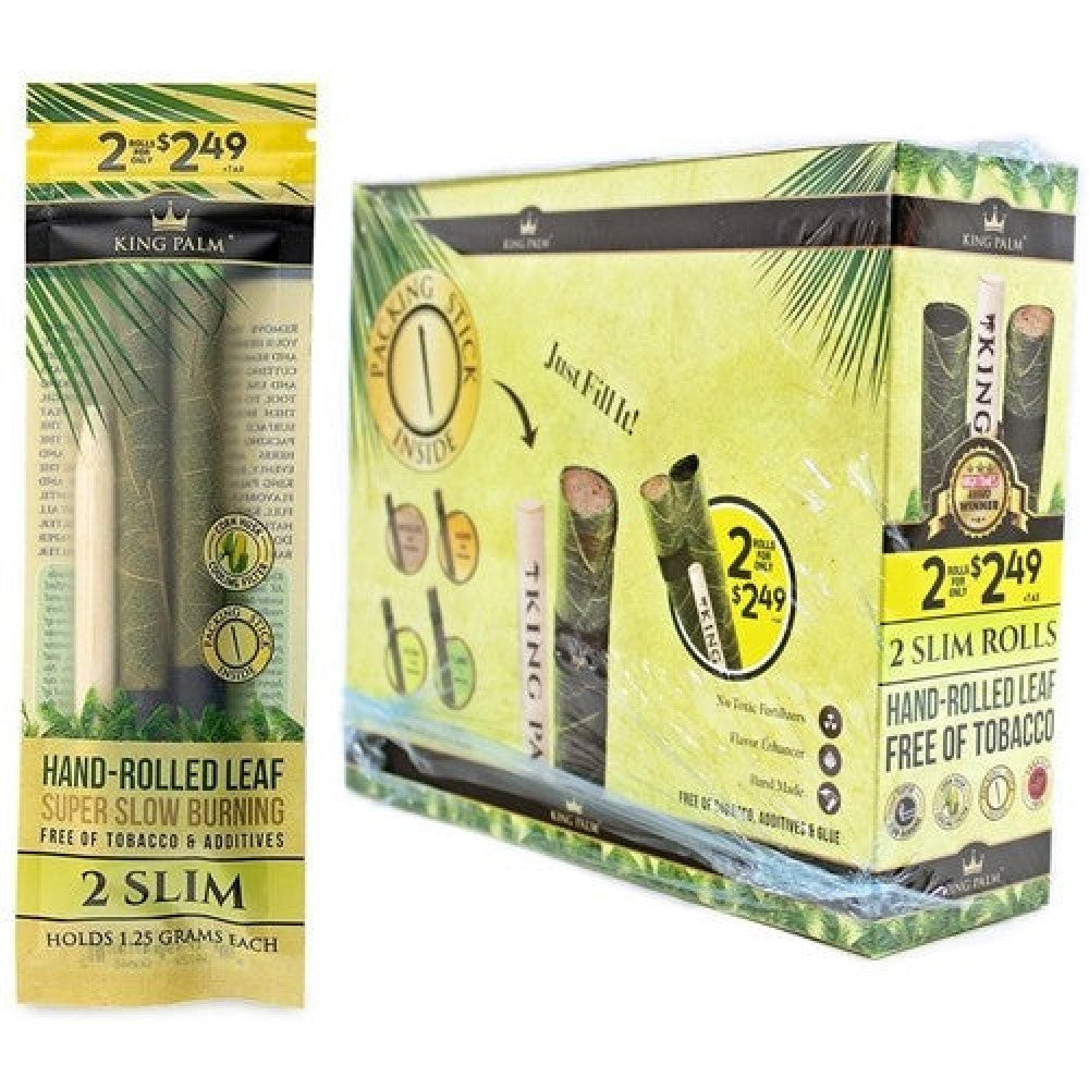 King Palm Slim Size 2 pack 20 count, natural palm leaf pre-rolled cones, slow-burning tobacco-free smoking cones for smooth and easy use.