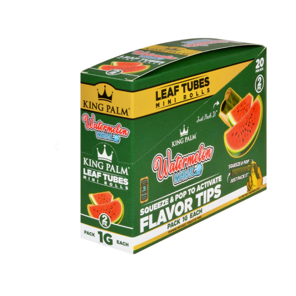 King Palm Watermelon Waves mini rolls, 2 rolls per pack, 20 packs per box, natural palm leaf pre-rolled cones with watermelon flavor, slow-burning design.