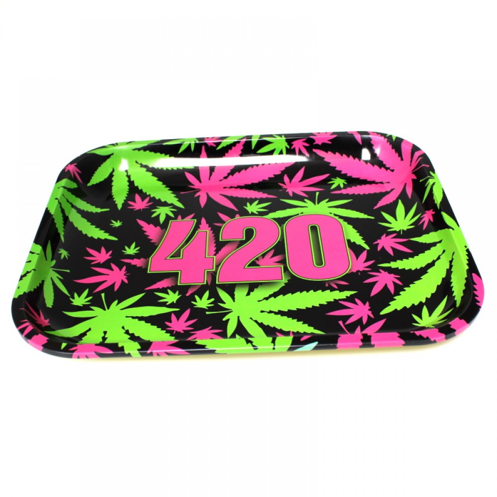 Large fancy metal rolling tray with decorative design, durable smooth surface and raised edges for secure, clean, and organized use.