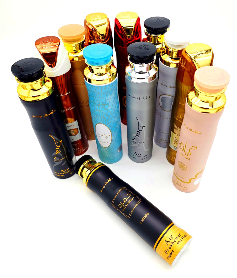 Lattafa Air Freshener 300ml 12pcs Long Lasting Fragrance Spray for Home Office Car Freshening Use Portable Pack.