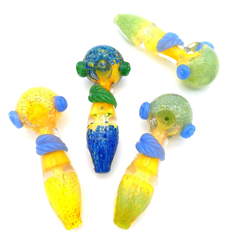 Thick heavy duty glass hand pipe featuring detailed leaf art design, crafted from durable glass for a solid grip and smooth, reliable smoking experience.