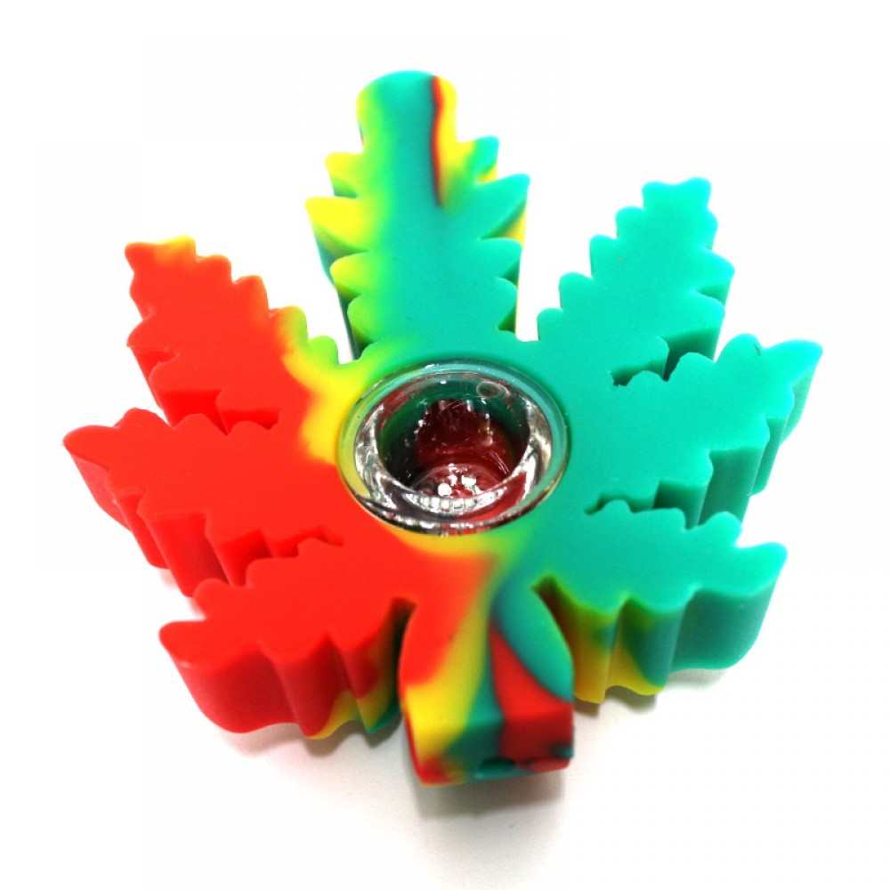 Leaf shape silicone hand pipe in multi colors with glass bowl, durable shockproof heat-resistant design with smooth airflow and portable use.