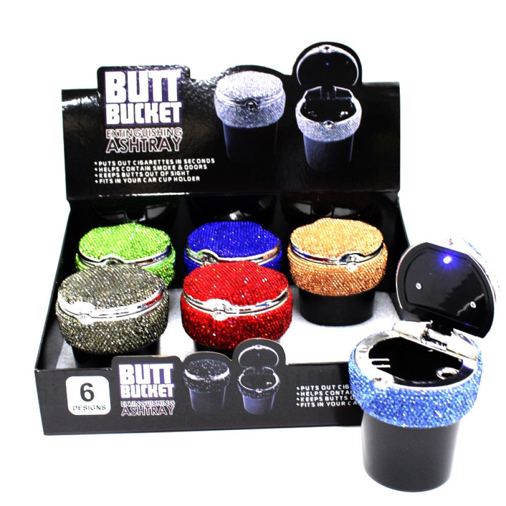 LED bling butt bucket car ashtray 6 piece display pack, illuminated decorative design with secure lid, durable cup holder ashtray for car use and travel.