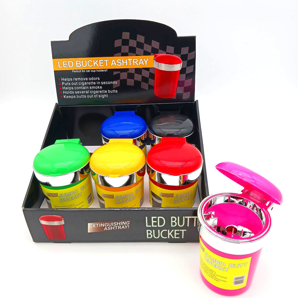 LED jumbo butt bucket ashtray with lid, 6-piece display set designed for odor control and ash storage