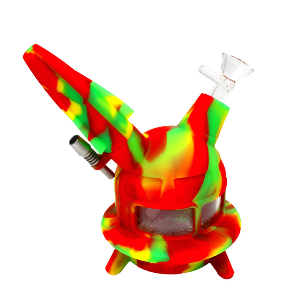 LED rocket silicone dab rig water pipe with 14mm male glass bowl, durable silicone construction, integrated LED lighting, and efficient water filtration for smooth vapor performance.