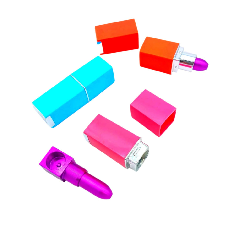 Lipstick style metal pipe in assorted colors with a compact discreet design, crafted from durable metal for smooth airflow and easy portable use.