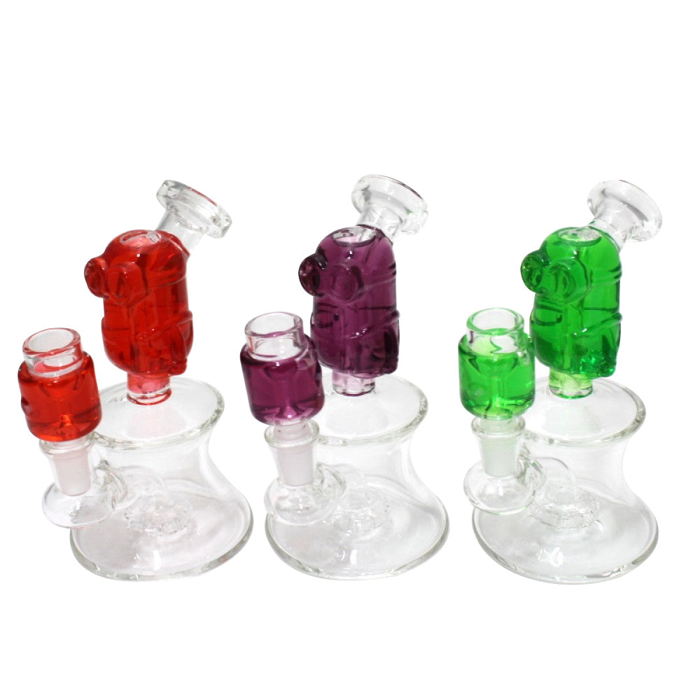 Liquid filled character design dab rig water pipe with 14mm male glass-on-glass bowl, durable glass body with smooth water filtration system.