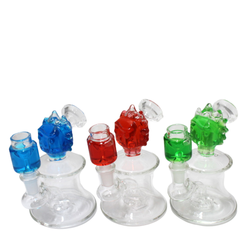 Liquid filled character design dab rig water pipe with 14mm male glass-on-glass joint, durable glass body with smooth water filtration system.