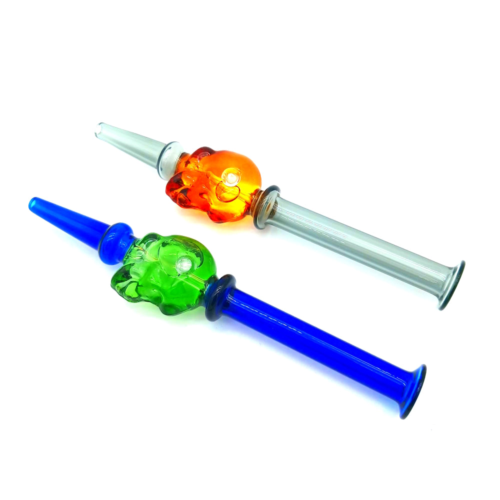 Liquid filled skull glass straw kit with inner decorative fluid design, durable glass construction, and unique reusable skull-shaped drinking straw.
