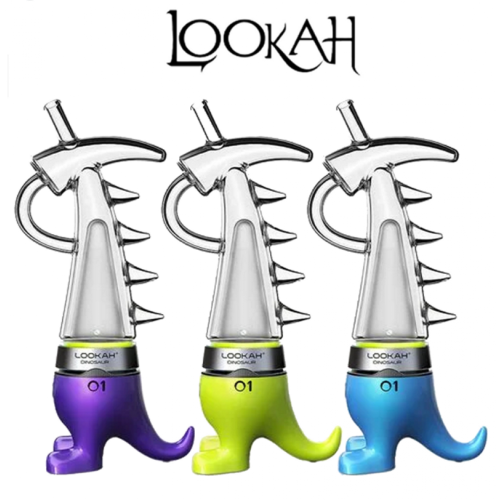 LOOKAH Dinosaur Electric Dab Rig featuring a unique dinosaur-inspired design, rechargeable battery, water filtration system, and efficient concentrate vaporization performance.